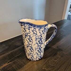 Blue Spongeware Milk Bag Pitcher – Farmhouse Style – Tall Ceramic Jug